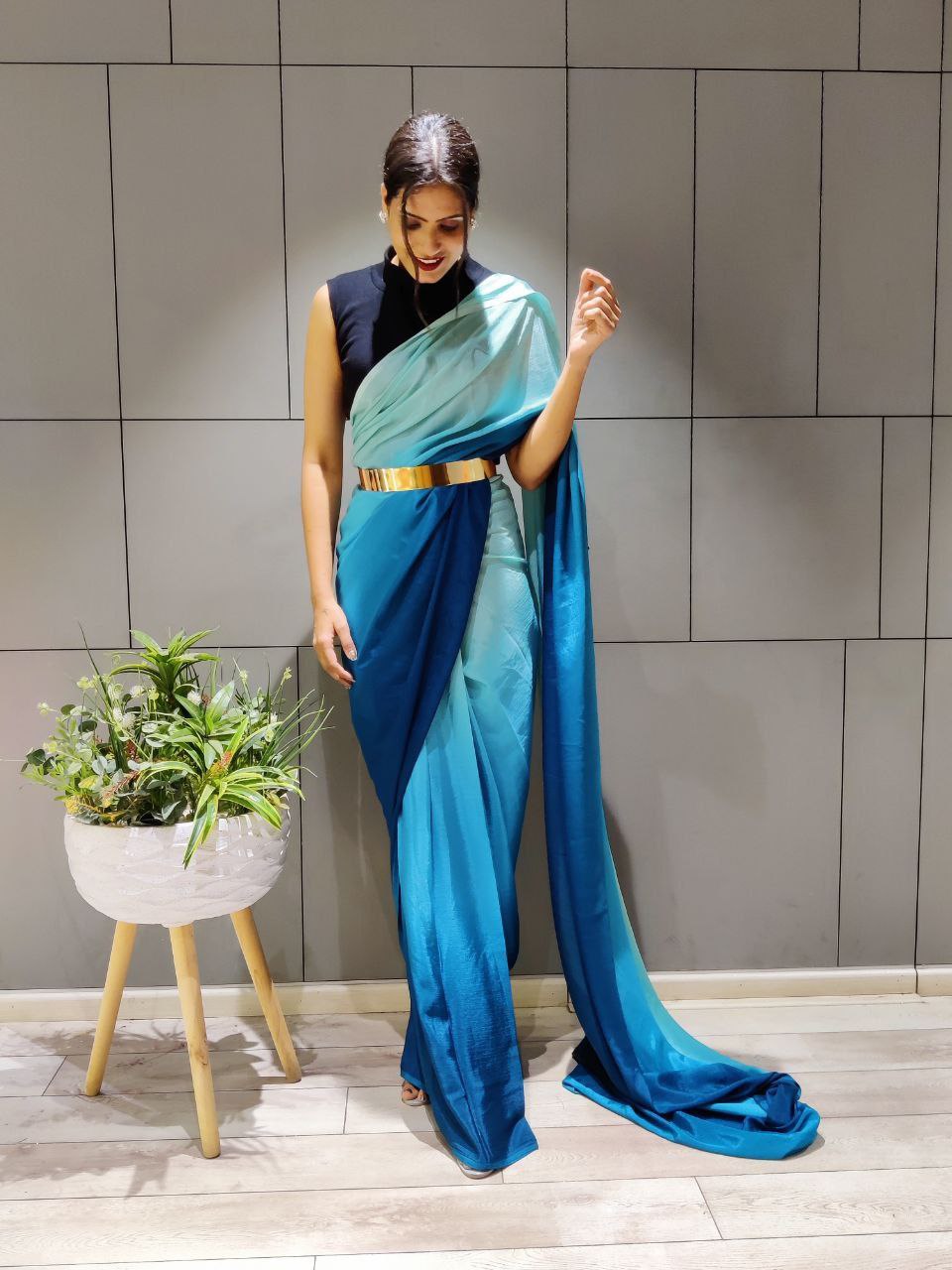 1-Min Ready to Wear Saree in Multi Blue Premium Chinon Silk