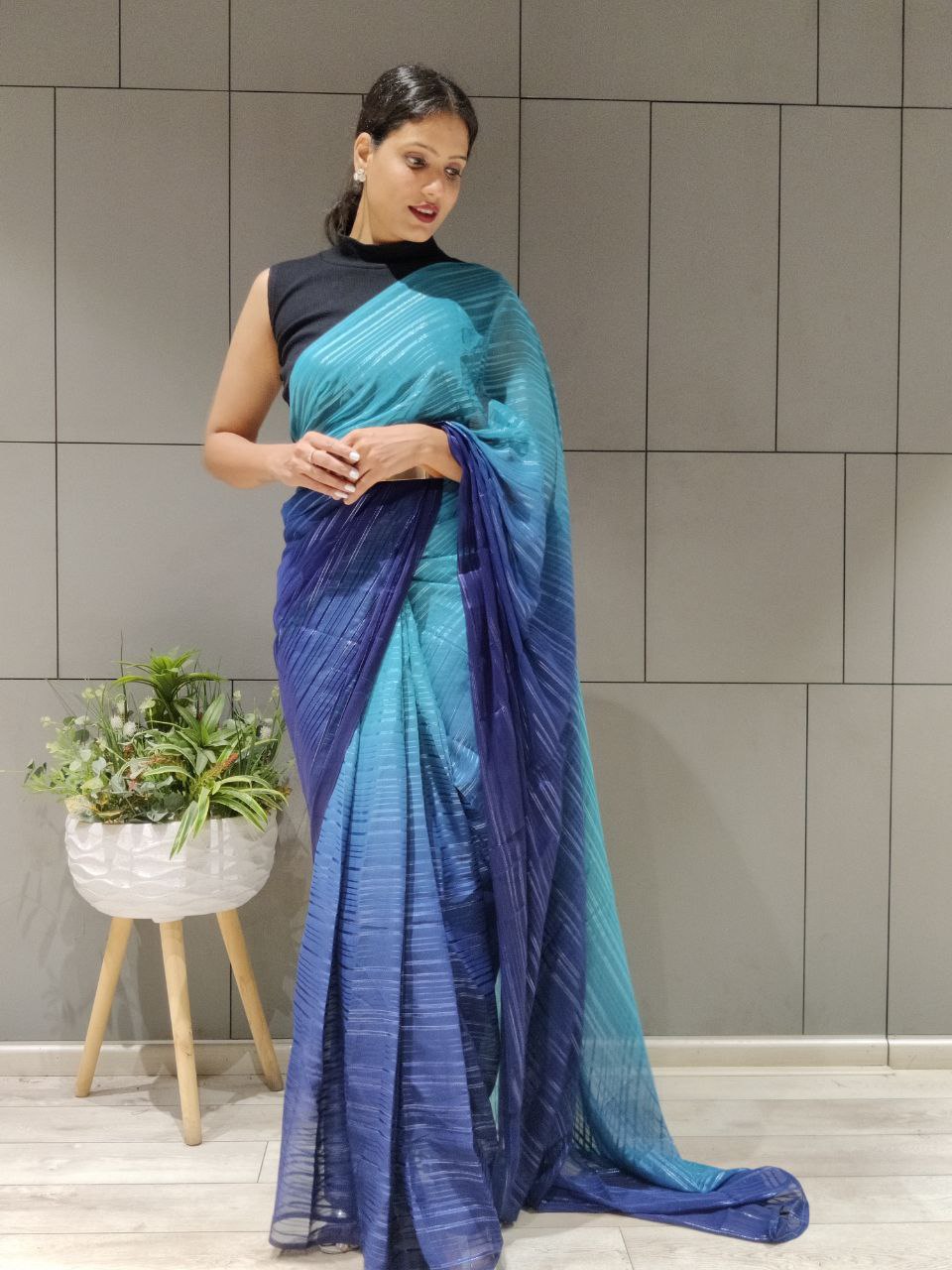 1-Min Ready to Wear Saree in Premium Nevy Blue Chiffon With Zari Patta